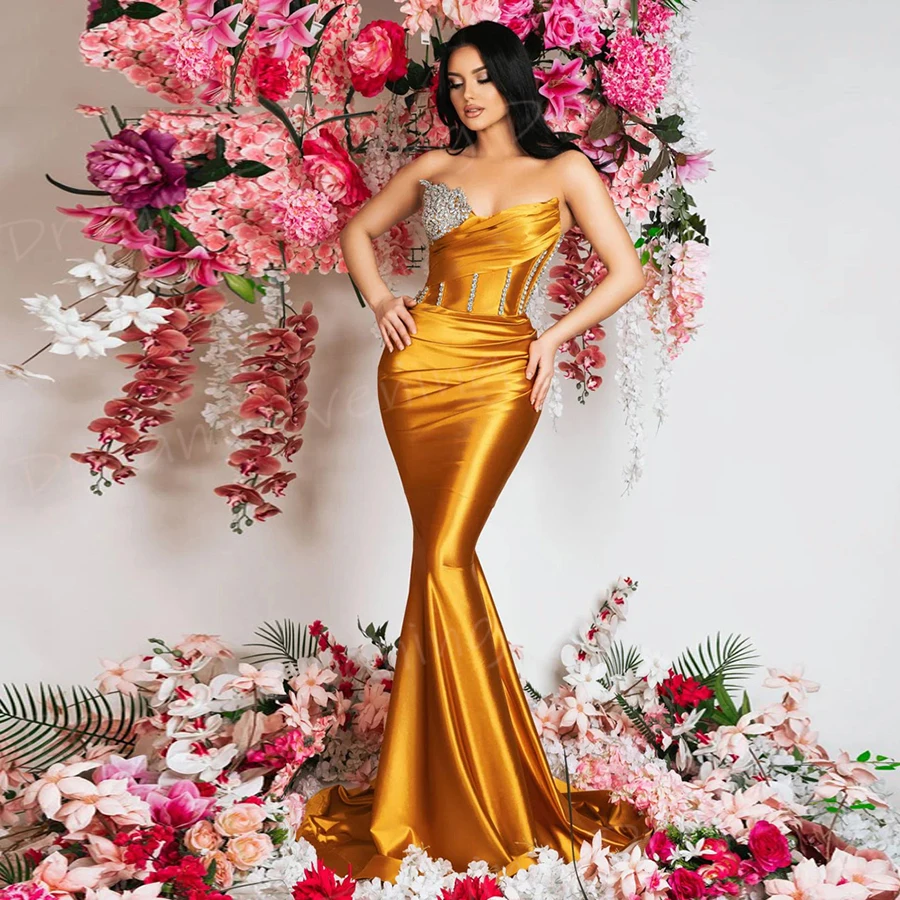 Graceful Popular Gold Mermaid Modern Women's Evening Dresses Charming Strapless Beaded Prom Gowns Formal Party Vestido De Noche