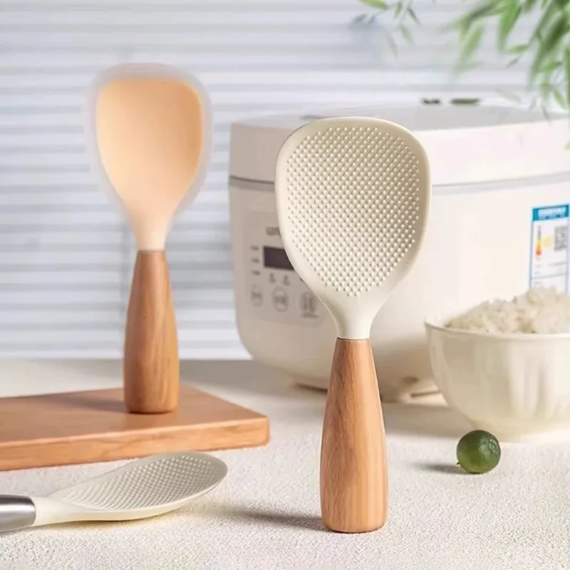 Cuchara de paleta de arroz de silicona con mango de madera, espátula para olla arrocera de pie resistente al calor, herramientas de cocina, pala de arroz antiescaldado