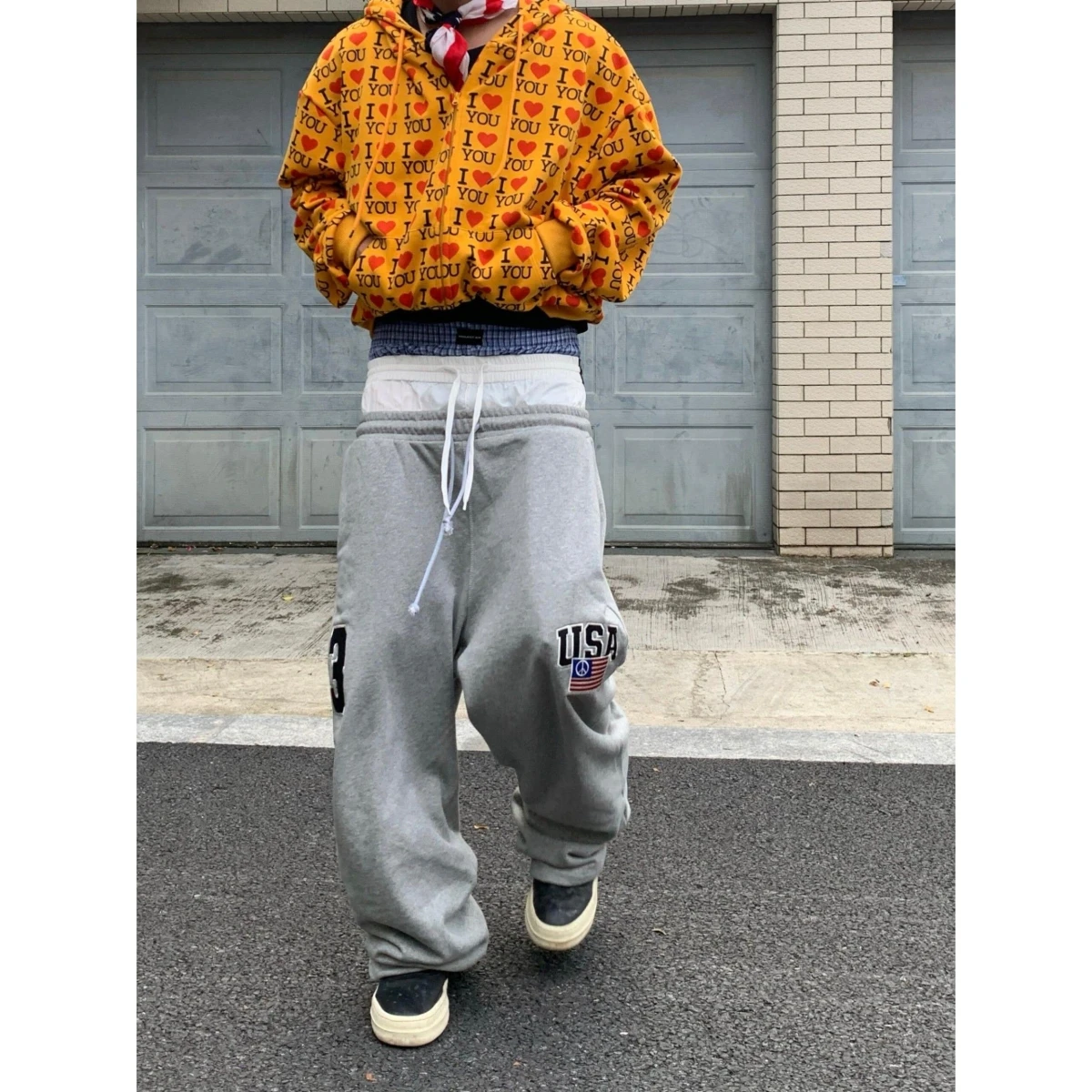 AilzLELProjecR25ss Unisex Wide Leg Sports Sweatpants Drawstring Fake Three Waist Casual Trousers Cotton Polyester Blend