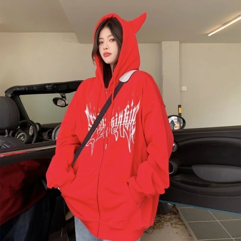 Women\'s Devil Wing Hoodies Girl Gothic Little Devil Horns Hooded Sweatshirt Casual Long Sleeve Pullover Tops Dropship