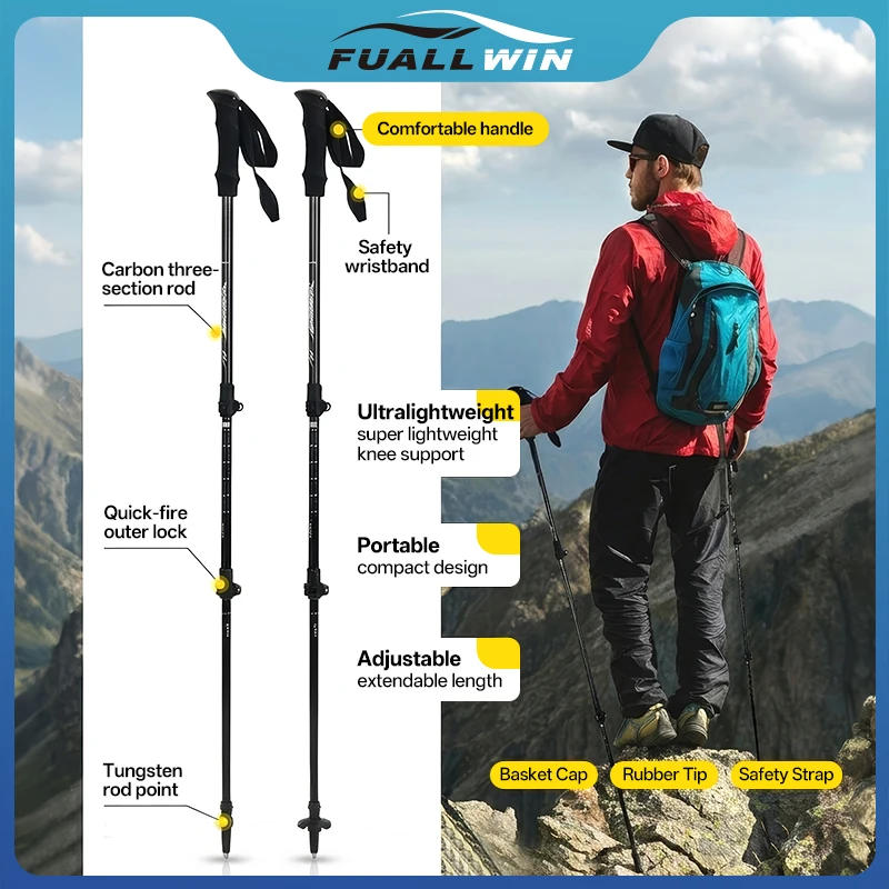 

3-Section Carbon Fiber Hiking Poles Adjustable Shockproof Trekking Stick Quick External Lock for Outdoor Sports Mountaineering