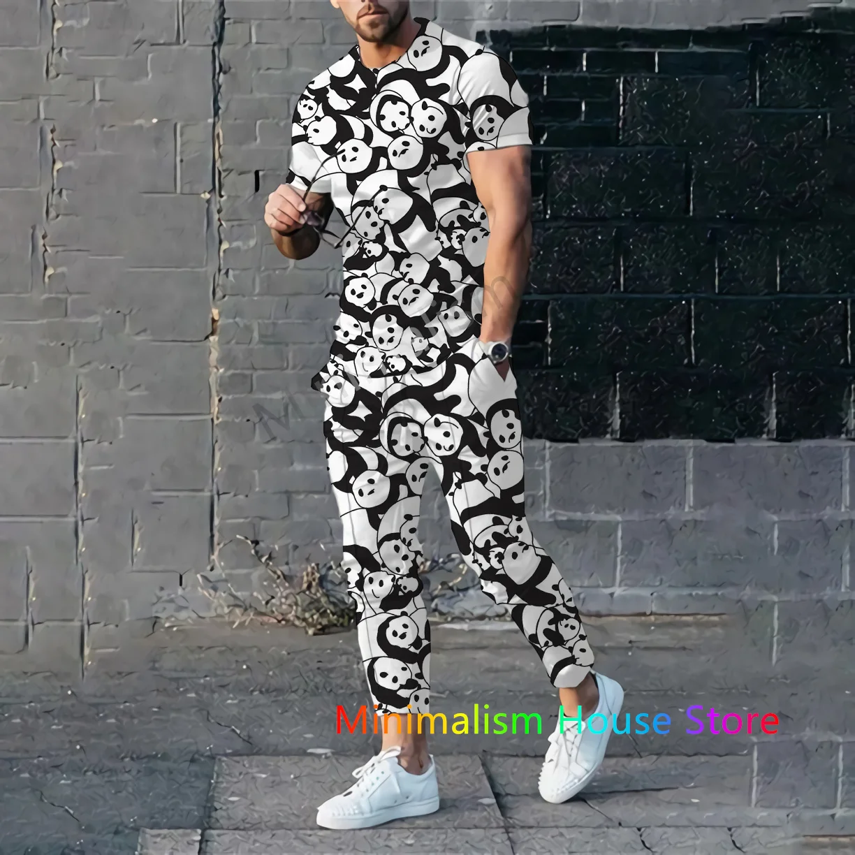 2 Piece Set Outfits Summer Tracksuit For Men Trousers Yellow Duck Print Short Sleeve T Shirt+Long Pants Casual Suit Male Clothes