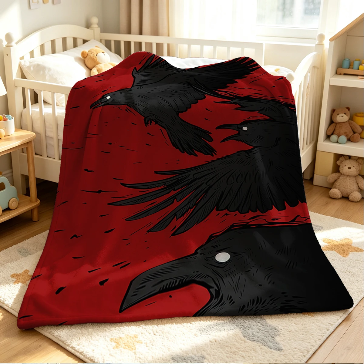 Red Ravens Flannel Blanket Warm Soft Halloween Christmas Couch Warm Cozy Decorative Decor Gift for All Season