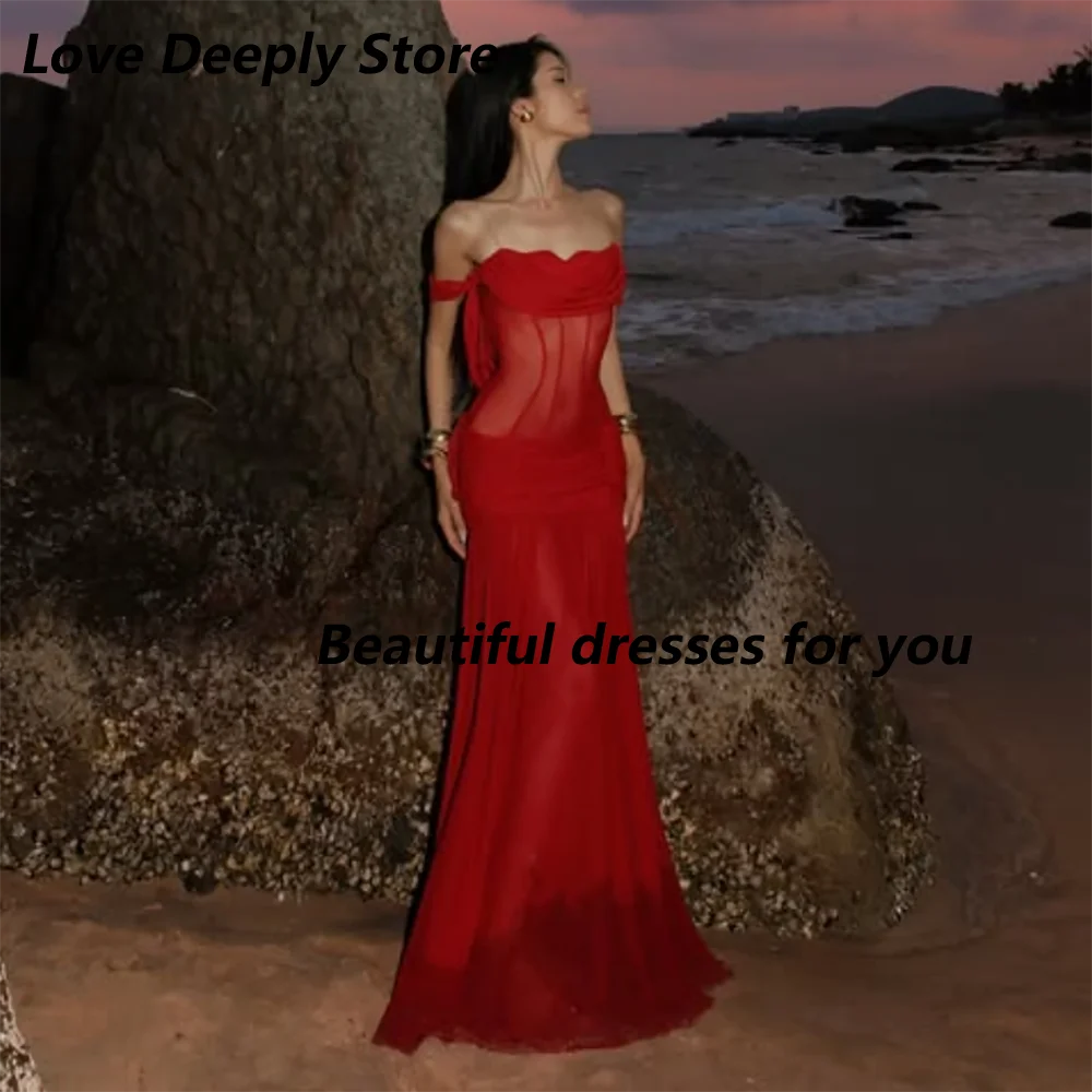 Customized Red Mesh Mother Of The Bride Gown Off Shoulder Sheer Mermaid Long Evening Dress Backless Beach Party Maxi Dress - view 4
