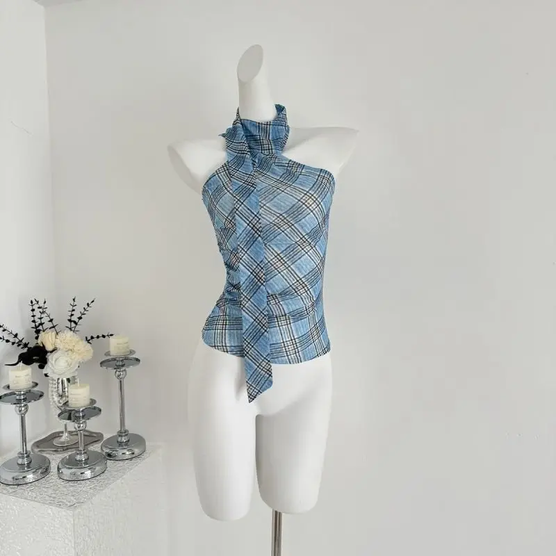 Plaid Halter Vest Women Summer Sweet Transparent Slim Fit Sleeveless Top Retro Spicy Girl Street Camis Ropa