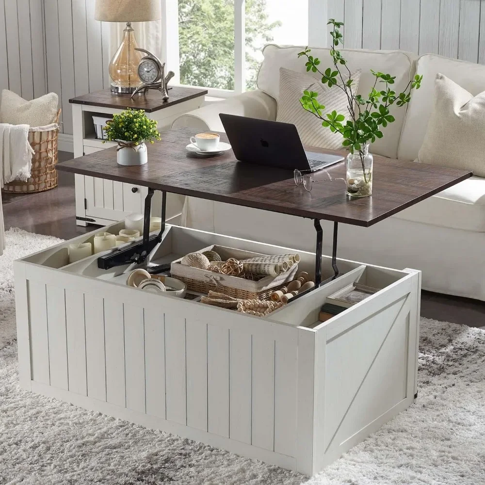 

48" Lift Top Coffee Table, Farmhouse Cocktai with Sliding Groove Barn Door, Rustic Wood Center Table w/Double Storage Spaces