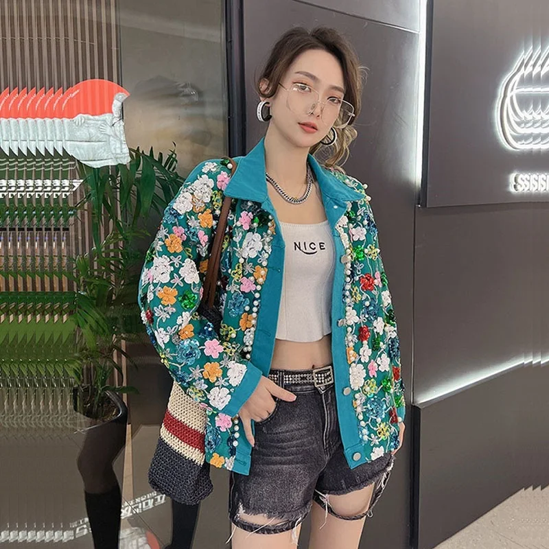 Spring Vintage Peacock-blue Short Denim Jacket Women Streetwear Lace Beaded Sequined Flowers Loose Casual Female Jeans Jacket