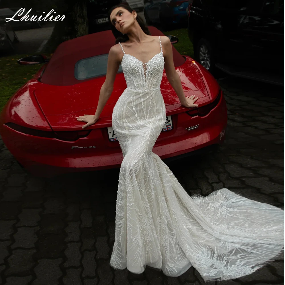 

Lhuilier Customized Sexy Mermaid Beaded Lace Wedding Dresses Sleeveless Backless Bridal Gowns with Court Train