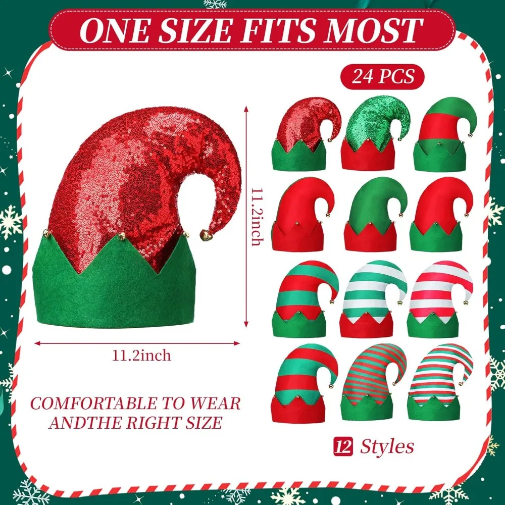 24 Pieces Christmas Elf Hat Xmas Elf Felt Hats Bulk Funny Hats with Bells Holiday Party Costume Accessoriess Santa Hats