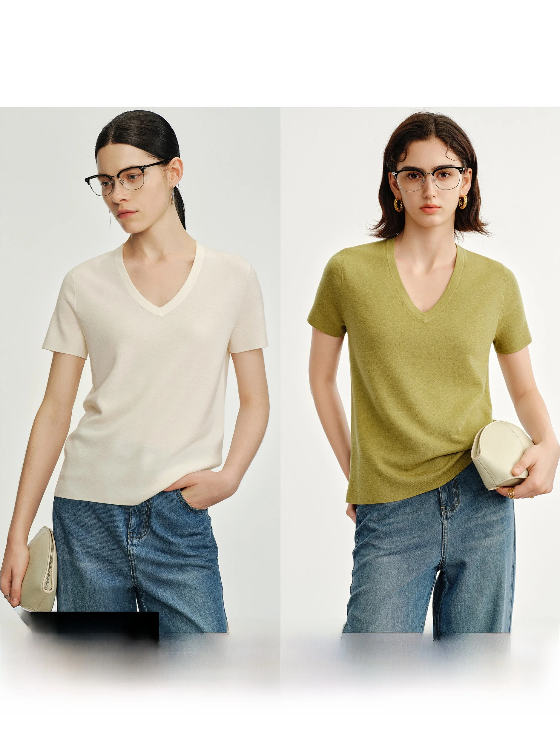 

Женская летняя трикотажная футболка CA Premium из 60-ниточной шерсти с V-образным вырезом, свободного кроя, однотонная, повседневная