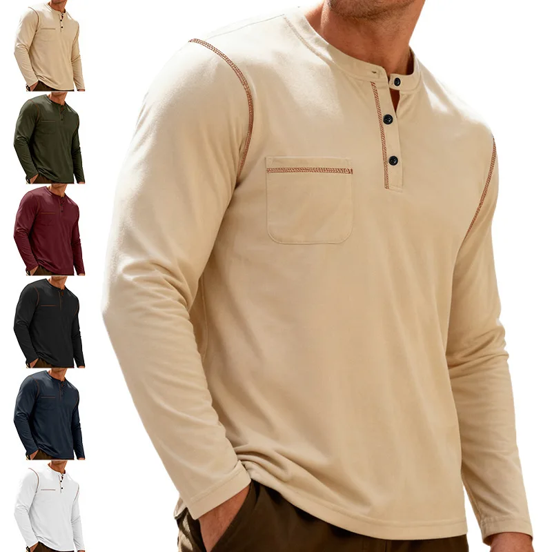 Men's Contrast Stitching Henley T‑Shirt Long Sleeve Button Placket With Chest Pocket Casual Daily Tops