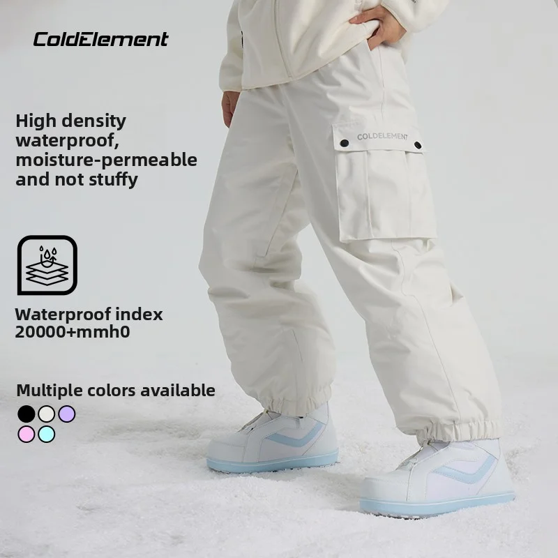 

Coldelement 3L Professional White Ski Pants for Snowboard - Women's & Men's, Warm Waterproof Windproof Loose Style, Durable