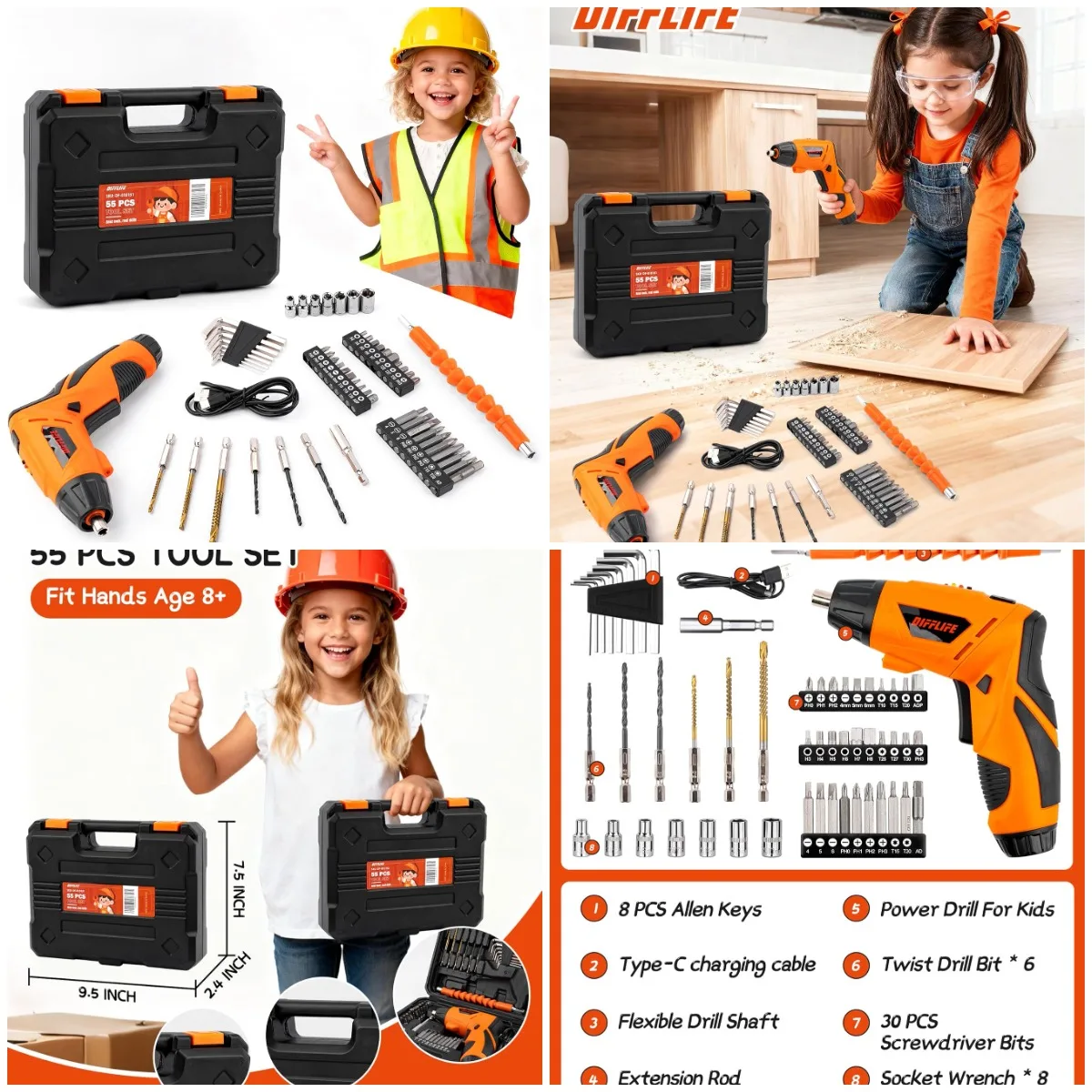 

55-Piece Kids Tool Set, Real Hand Tools for Boys & Girls, DIY Woodworking Kit, Ages 8+