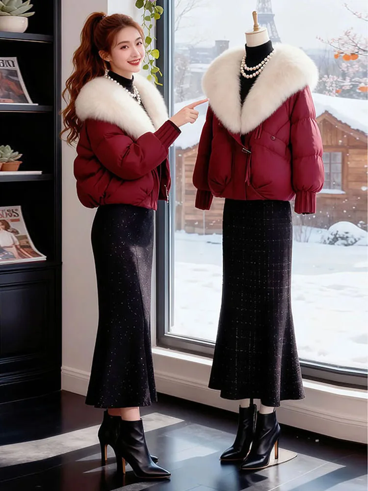 Ladies Fashion Lightweight Luxury down Cotton Jacket Warmth Large Fur Collar Design Winter New Style Commute Simple Style