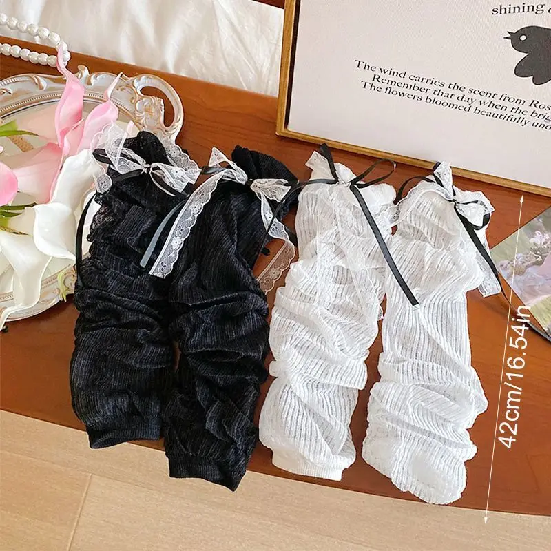 Summer Lolita Girl's Thin Cotton Arm Sleeves Cute Beige Mesh Lace Bowknot Leg Sleeves Children Students' Pleated Long Leg Guards