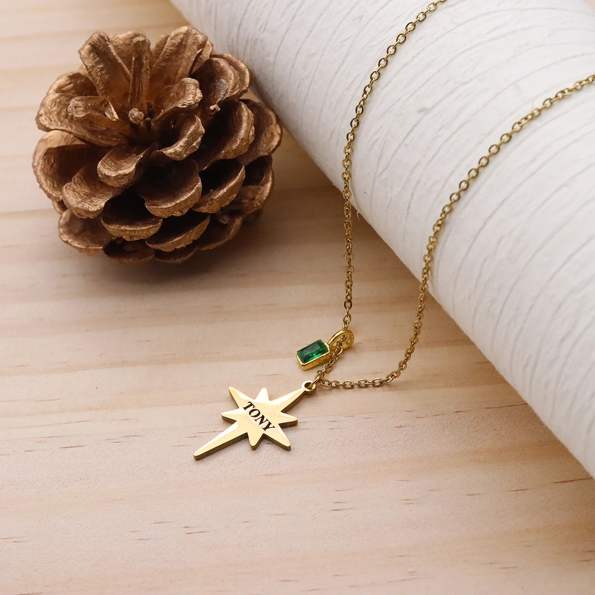 QIAMNI Trendy Custom Name Polar Star Pendant Necklace Stainless Steel Compass Birthstone Chain Choker Statement Jewelry Gifts
