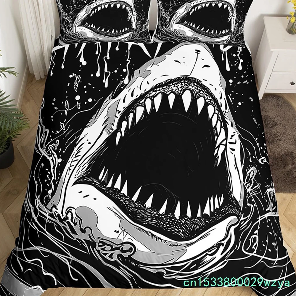 Shark Duvet Cover Queen Marine Life Comforter Cover Blue And White Cartoon Shark Bedding Set Nautical Ocean Theme Quilt Cover