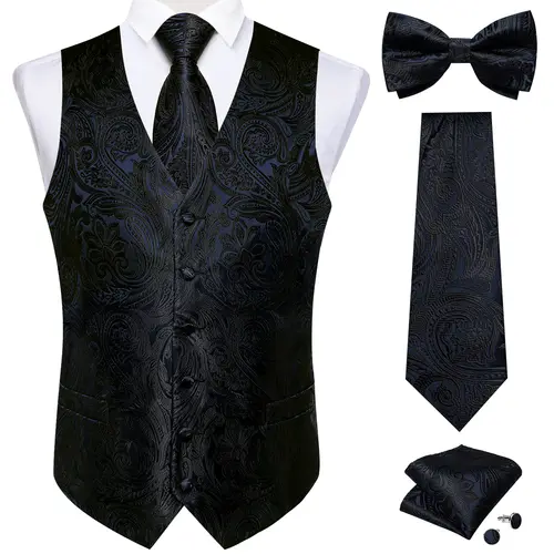 Men Black Paisley Vest Necktie Bowtie Pocket Square Cufflinks Dress Set жилетка мужская Classic 5 PCS Business Waistcoat for Man - Image 9