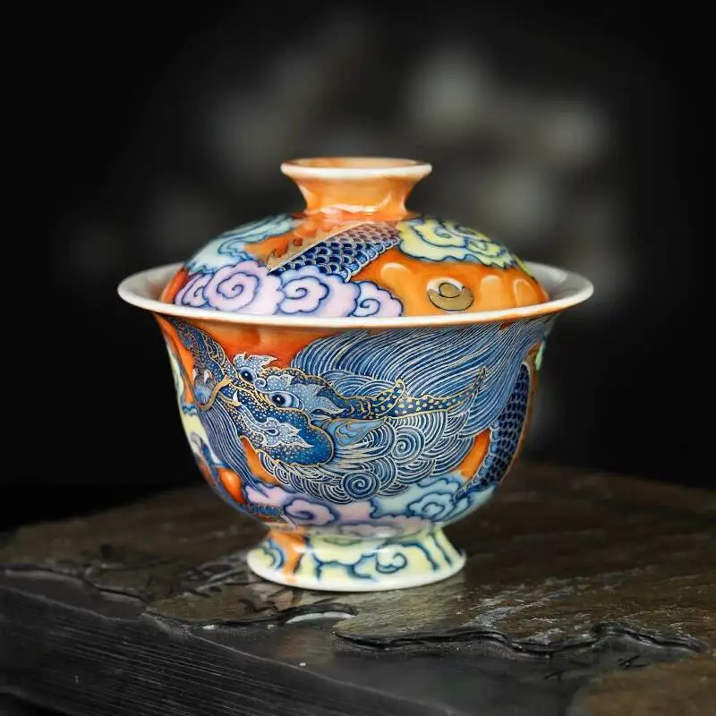 Chen Tong's Original/Blue And White Alum Red Wuyun Dragon Pattern Cornucopia Ceramic Tea Covered Bowl