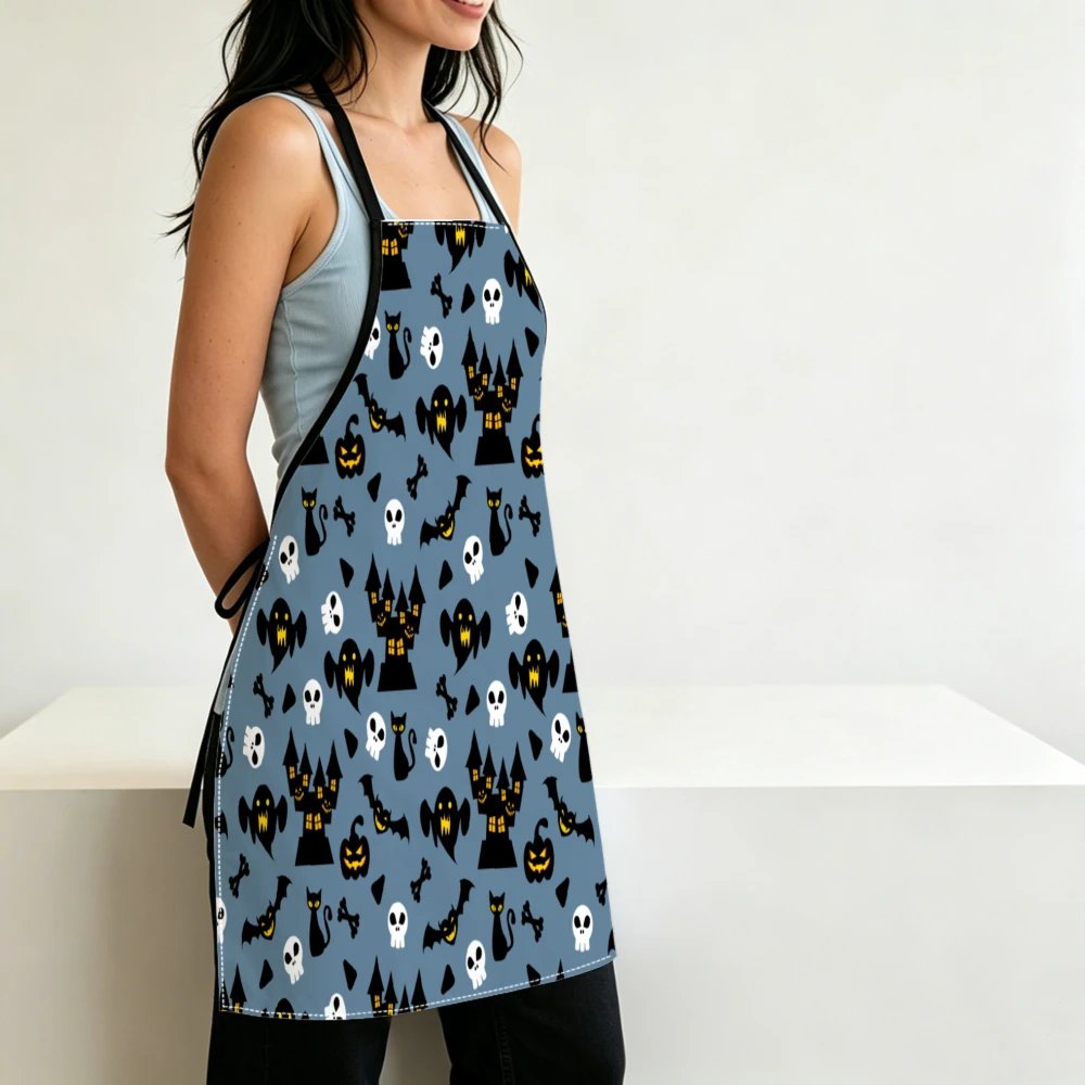 Cute Halloween Style Apron Ghost Castle Cat Print Kitchen Aprons Cooking Baking Cleaning Adjustable Bibs