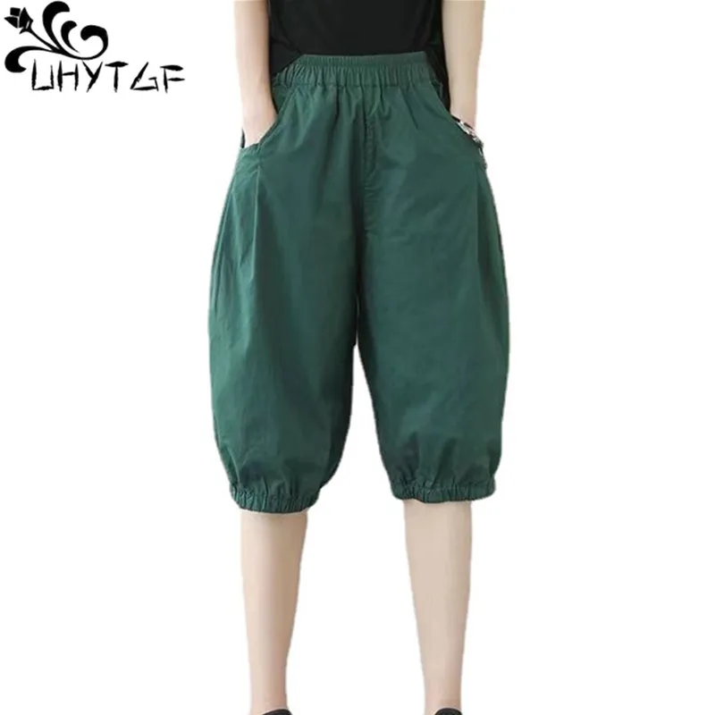 

UHYTGF 3XL Cotton Thin Shorts Women's Elastic High Waist Wide-Leg Harlan Pants Female Sweatpants Casual Loose Cargo Pants 2193