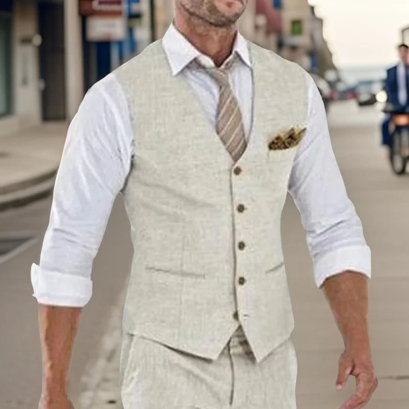 Linen Vest for Men Wedding Summer Beach One Piece Waistcoat V Neck Male Fashion Coat Ready to Ship