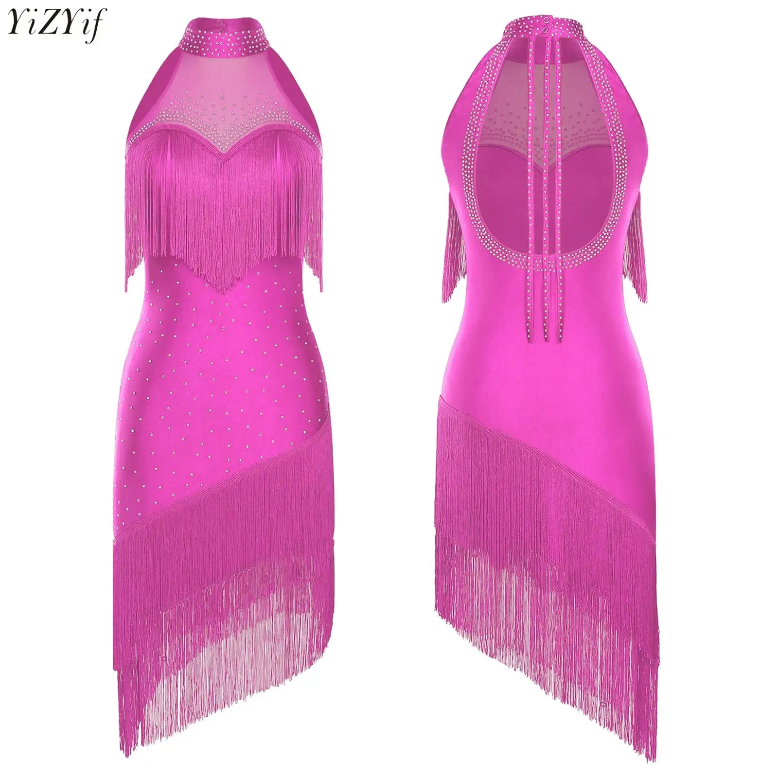 

Women Latin Tango Dance Dress Rhinestones Halter Sleeveless Tassel Fringe Dress for Belly Dance Competitions Performance Costume
