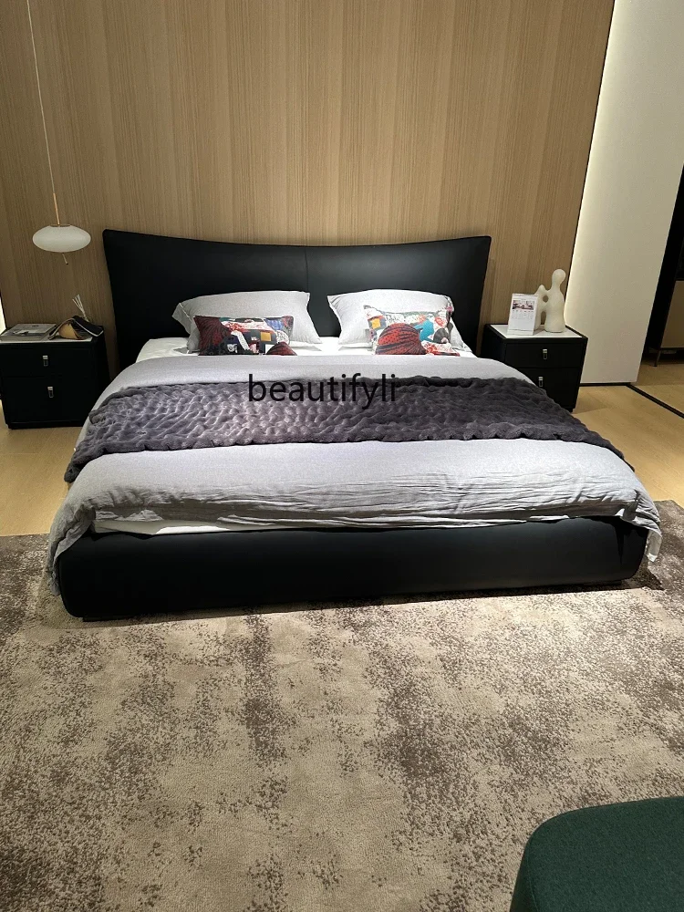 

zxqLeather Marriage Bed Bed in Master Bedroom Small Apartment Simple Italian Double Bed Imported First Layer Cowhide