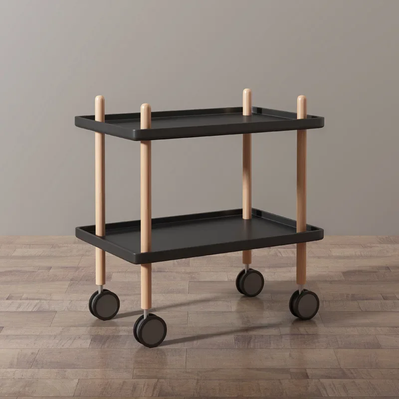 Nordic Style Mobile Trolley With Rollers Living Room 2 Layers Mobile Storage Rack Trolleys Multifunction Kitchen Solid Wood Cart