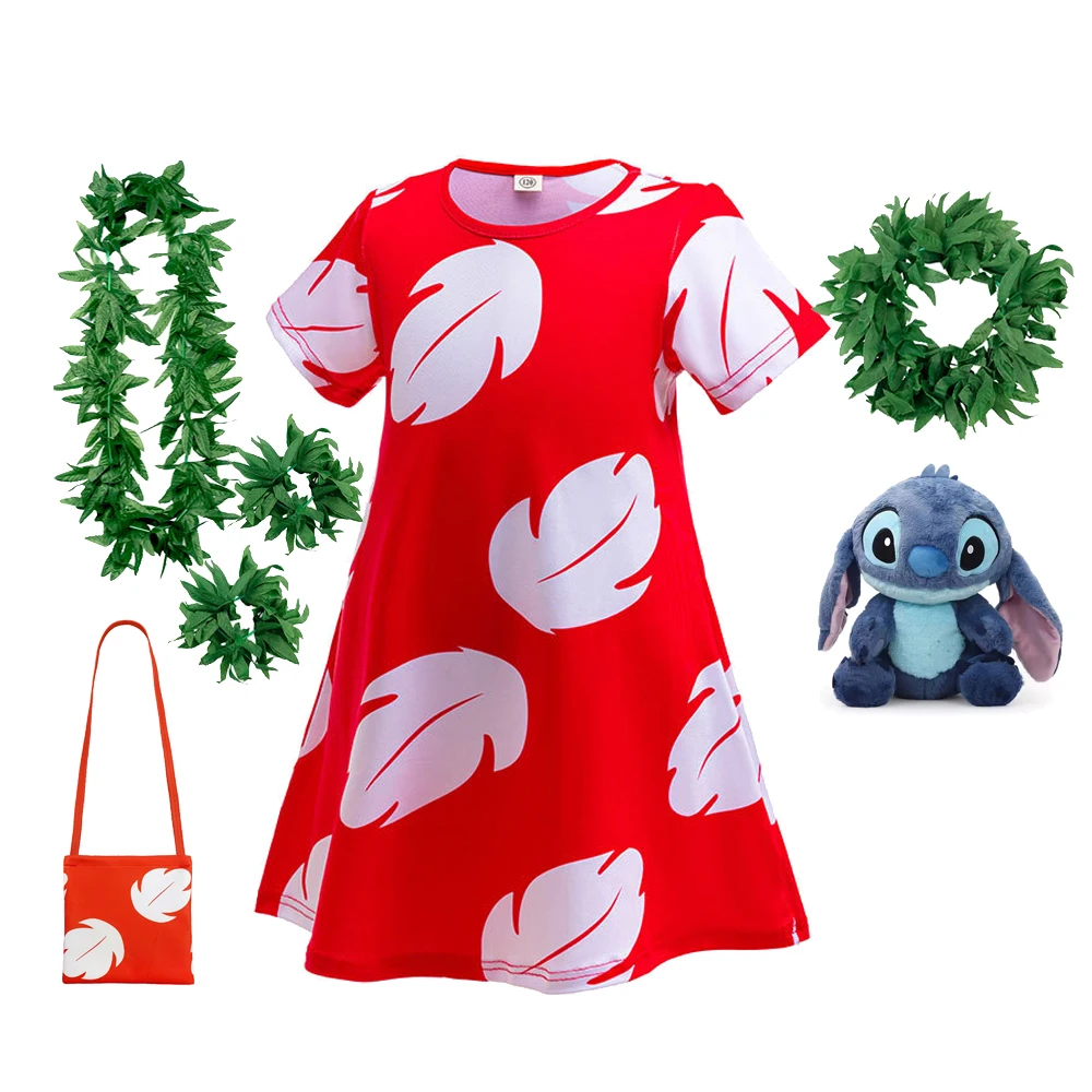 

Experiment 626 Lilo Role Play Dress Hawaii Costume Children Red Frock Featured with White Feather Print