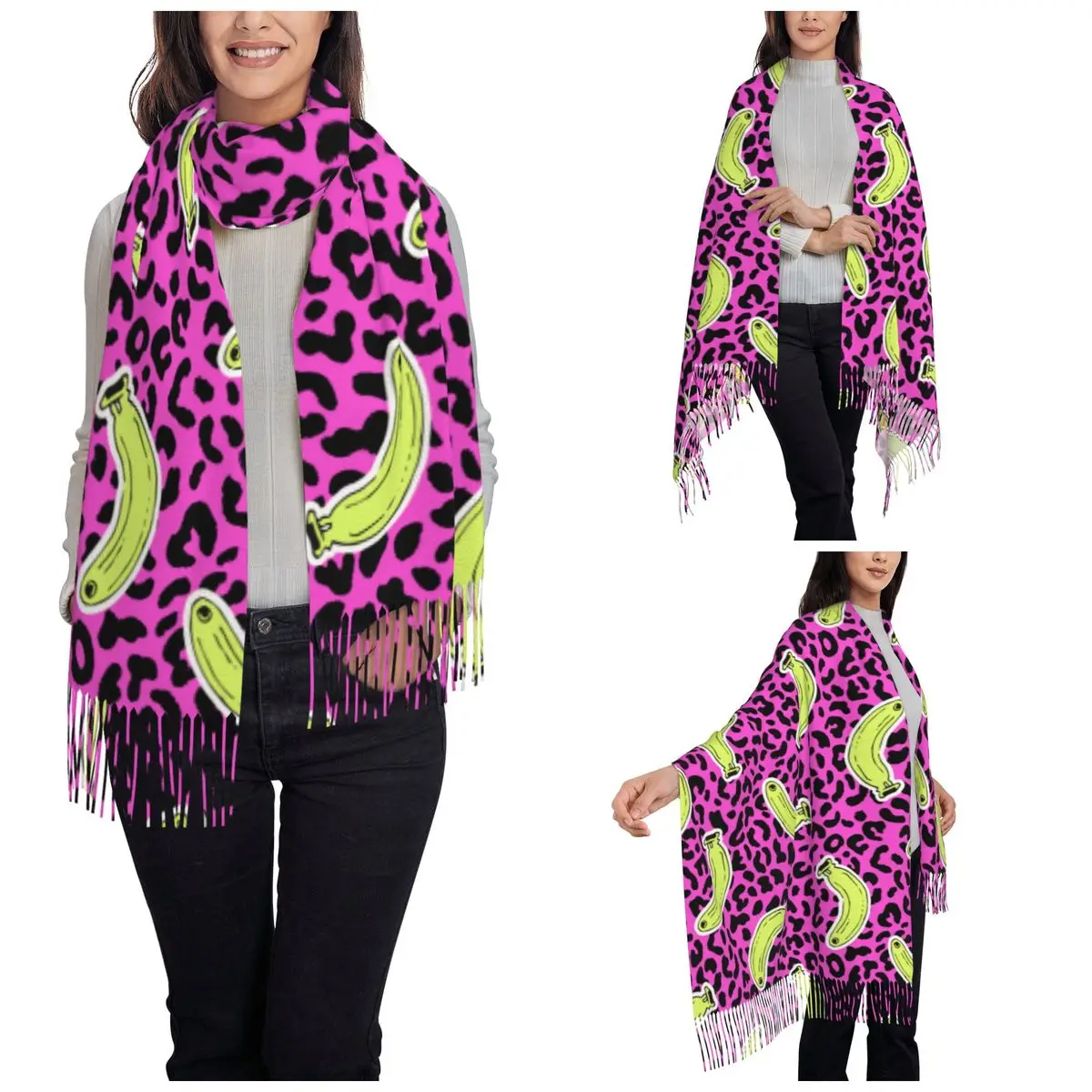 Cute Bananas On Leopard Print Shawl Wrap Women Warm Long Soft Scarf Pashmina Shawl Scarves