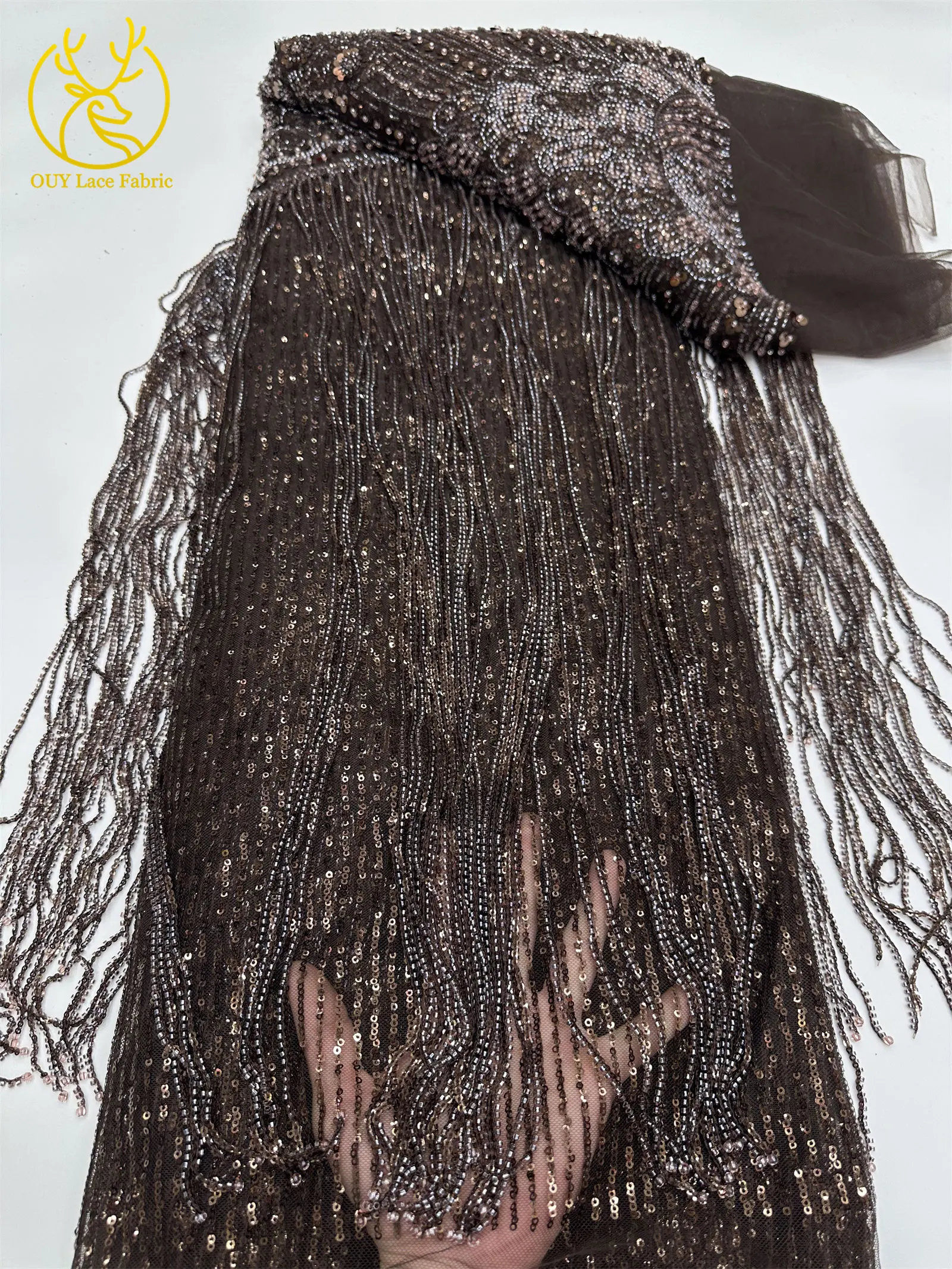 Goldener Afrikanischer Nigerianischer 3D-Perlen-Spitzenstoff 5 Yards Französischer Pailletten-Tüll Stickerei-Kleiderstoff für Damen Party Hochzeit Kleid Nähen – Detail 10