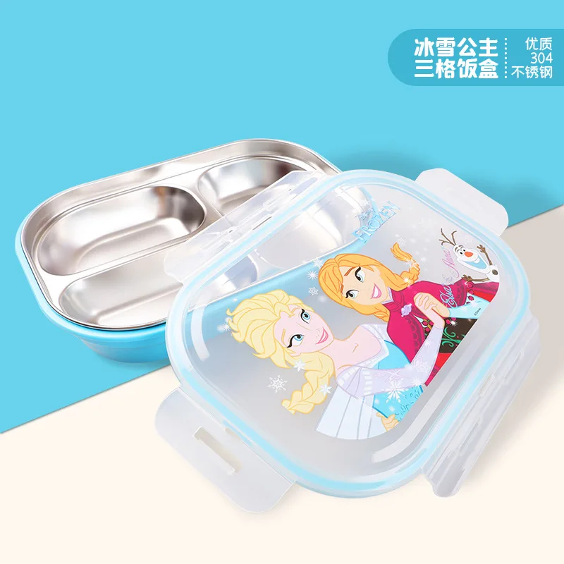 Mickey Minnie Disney Cutlery Three Grid Lunch Box Frozen Princess Cartoon Cute Pattern Stainless Steel Student Lunch Box Cutlery