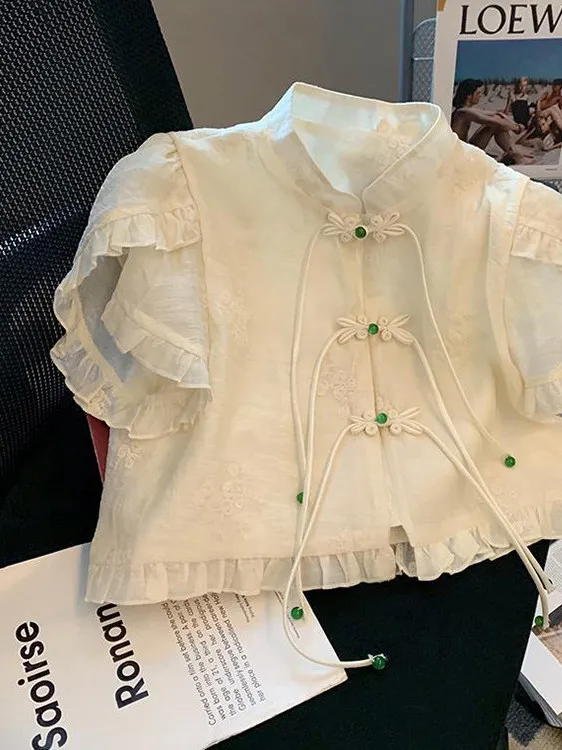 

Loose Short Sleeve Shirt Women's Summer Breathable Polyester Fiber Button up Short Style Chinese Nationality Fashion Top