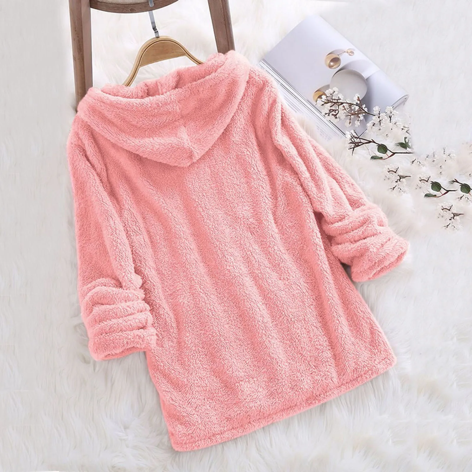 2024 Warm Solid Fluffy Flannel Pullover Pajama Loose Hooded Sweatshirts Top Korean New Women Long Sleeve Plush Hoodies Lady