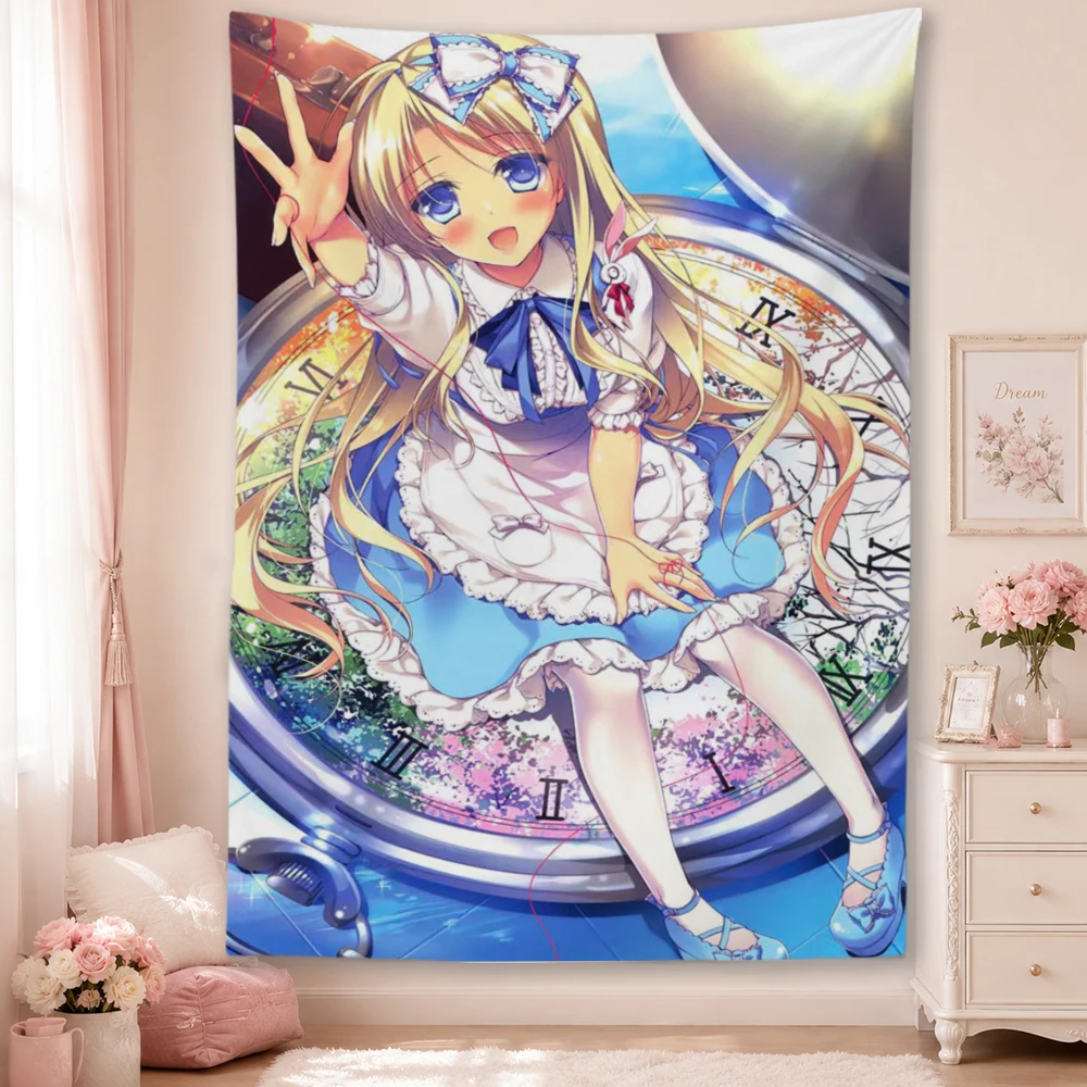Cute Blonde  Anime Girl Wall Tapestry Vintage Pocket Watch Pattern Wall Hanging Aesthetic Bedroom Dorm Home Decor Cloth