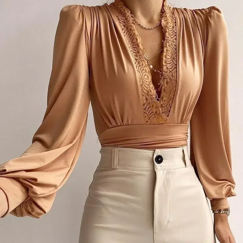 Sexy Deep V Neck Silk Top Summer Women Lace Solid Blouse