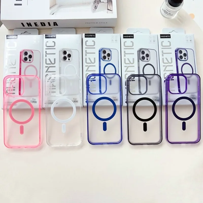 Neon Candy Color Translucent Shockproof Bumper Case For iPhone 14 13 12 15Pro Max 11 For Magsafe Frosted Wireless Charging Cover