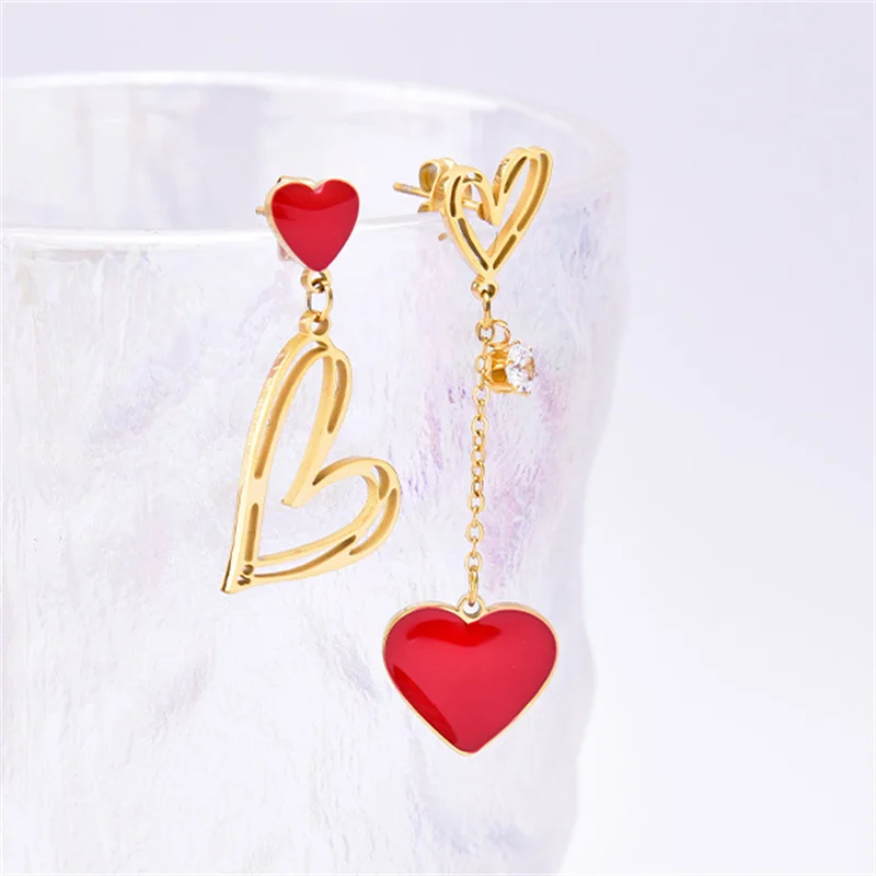 316L Stainless Steel New Fashion Fine Jewelry Hollow Asymmetric Zircon Love Heart Shaped Tassels Stud Earrings For Women Girl\'s