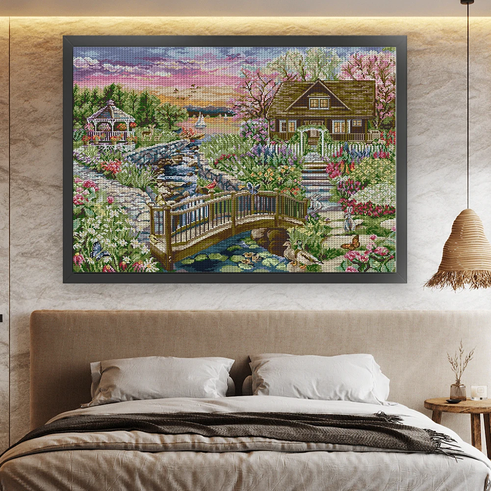 

Full Embroidery cotton Thread 14CT Print Lakeside Cabin Cross Stitch 64x50cm