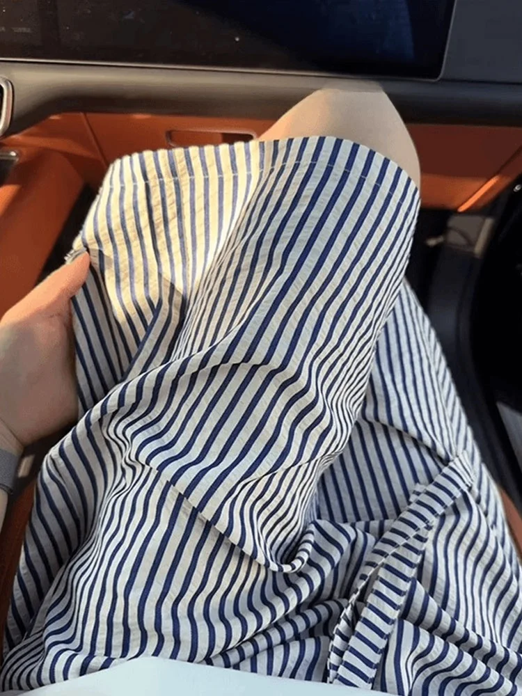 

Blue White Striped Bubble Silk Ice Five-Quarter orts Men Women Summer Lightweight Qui Dry Casual Straight Leg Pants