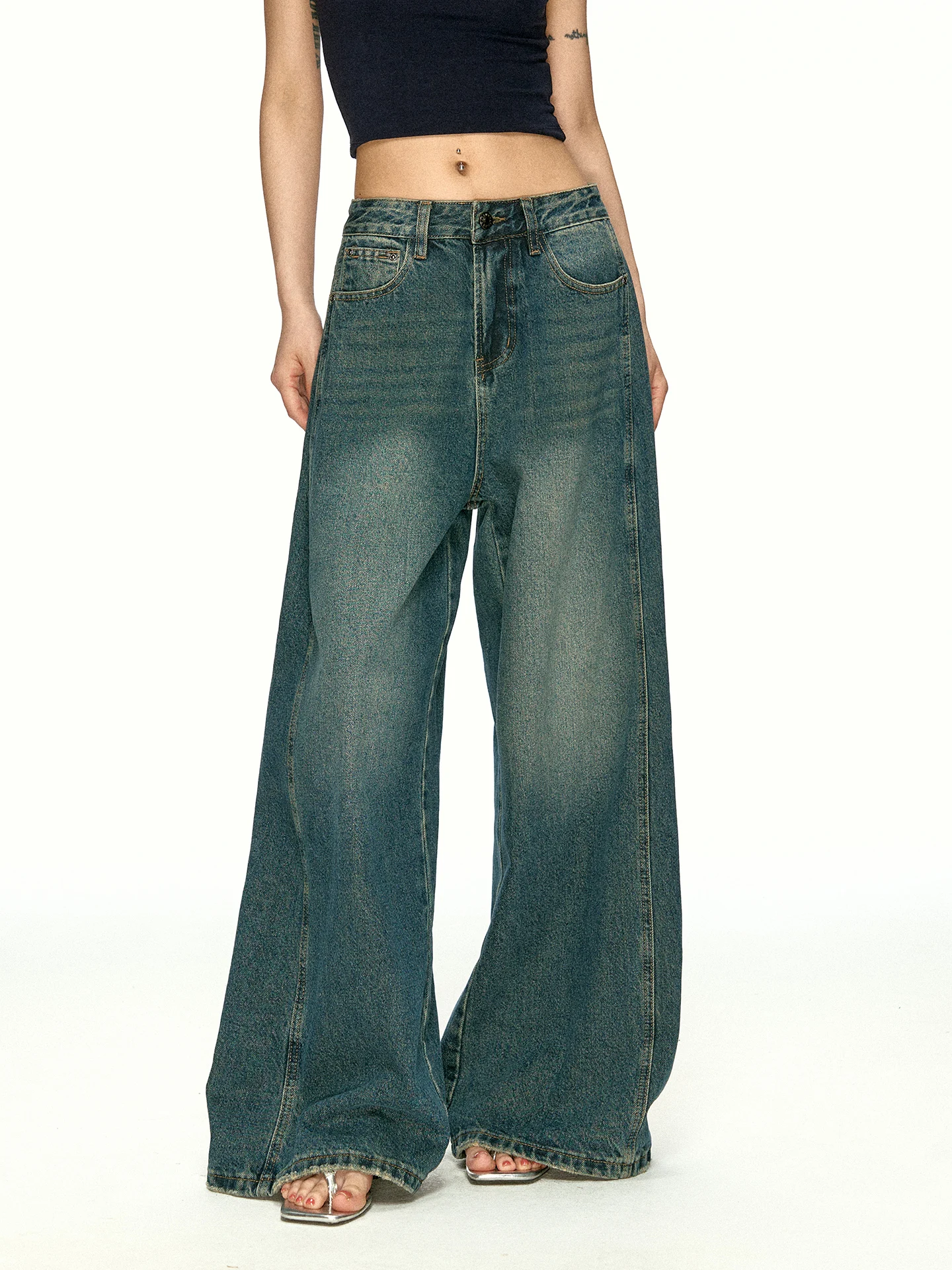 Aaisup American Style Retro Low Waist Wide Leg Jeans Women Summer New Loose Slimming Lazy Match Floor-Length Pants