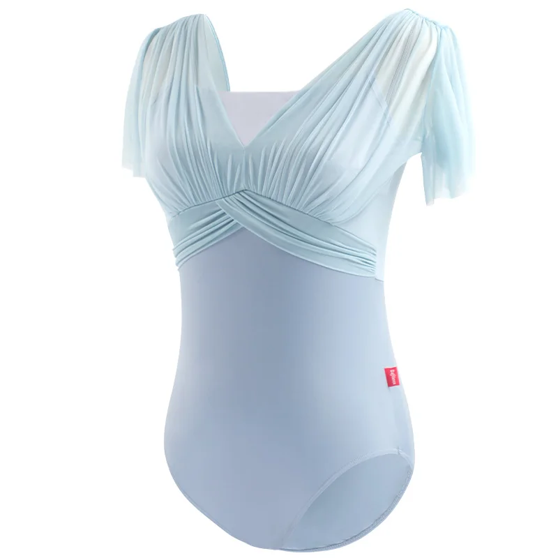 Woman Ballet Leotards Gymnastics Leotards Fake Two-Pieces V Back Short Sleeves Dance Leotard Swimsuit Adult Ballet Bodysuit