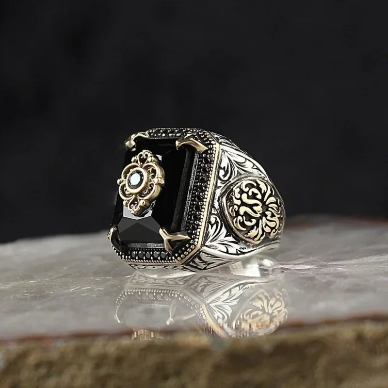 Vintage Turkish Signet Ring For Men Women Antique Silver Color Carved Eagle Ring Inlaid Green Zircon locomotive Punk Ring