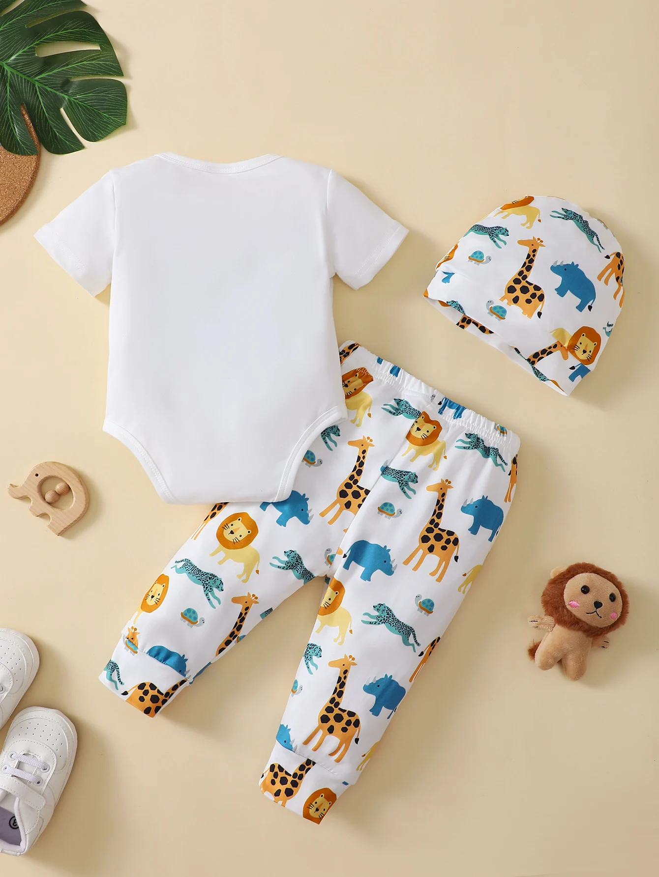 Cartoon Animal Print Round Neck Short Sleeve Triangle Onesie Long Hat Casual Style Thin Baby Boy Cute Three-Piece Going Out Suit