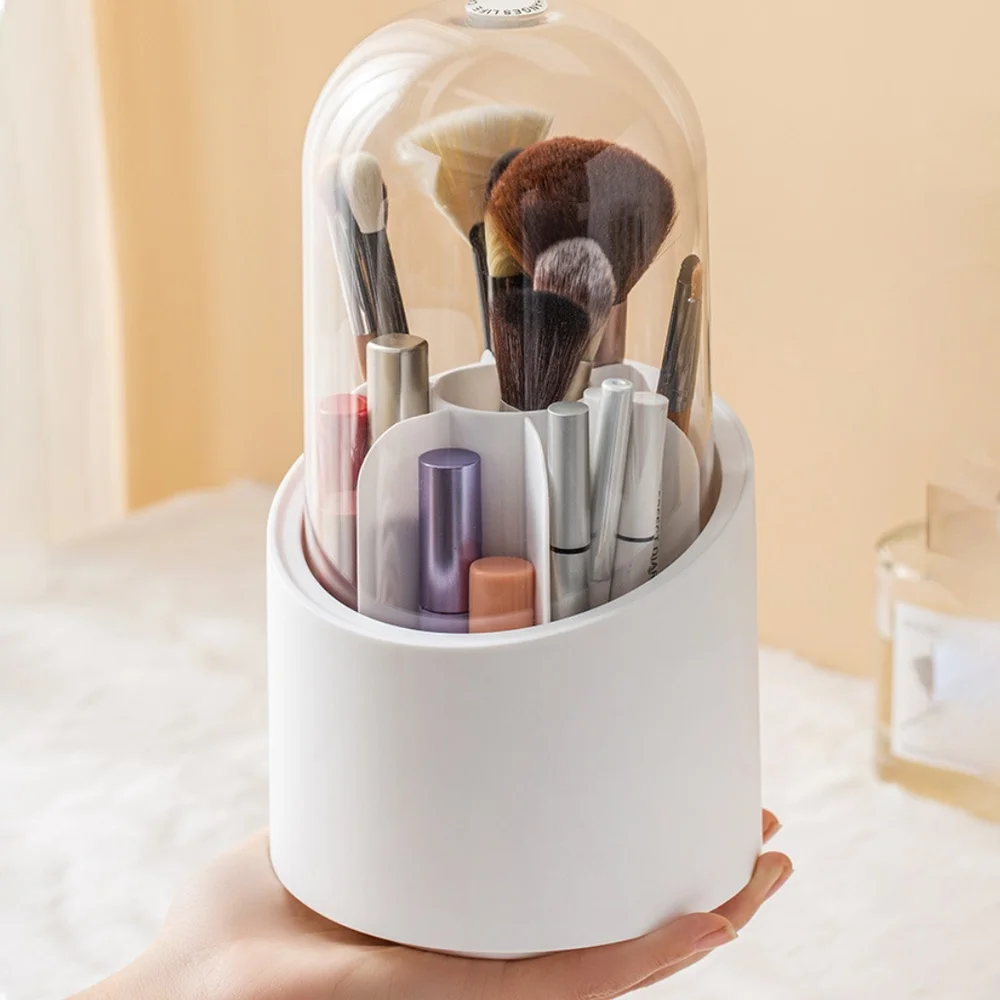 

1Pc Cosmetic Organizer With Lid 360 Rotating Dustproof Makeup Brush Storage Box For Vanity Desktop Dresser Table Home Supplies