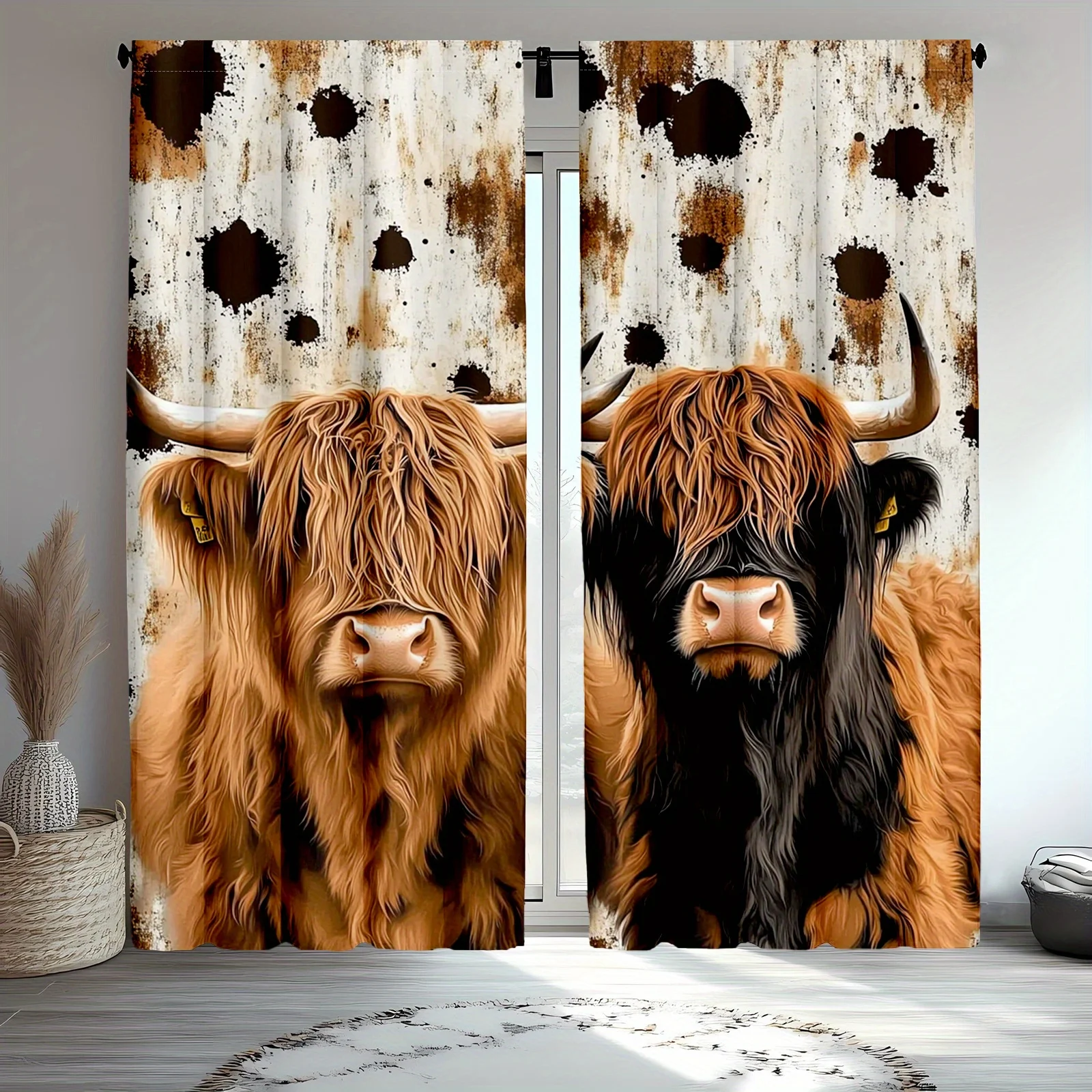 Farmhouse Highland Cow Curtains Pair 2pcs Rustic Animal Print Boho Window Drapes Beige Cottage Decor for Living Room Home