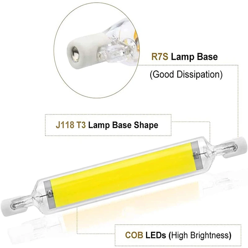 Lâmpada LED de alta potência COB, R7S, tubo de vidro, 78mm, 118mm, J78, J118, CA 110V, 120V, 130V, 220V, 230V, 240V, casa, substituem a lâmpada do