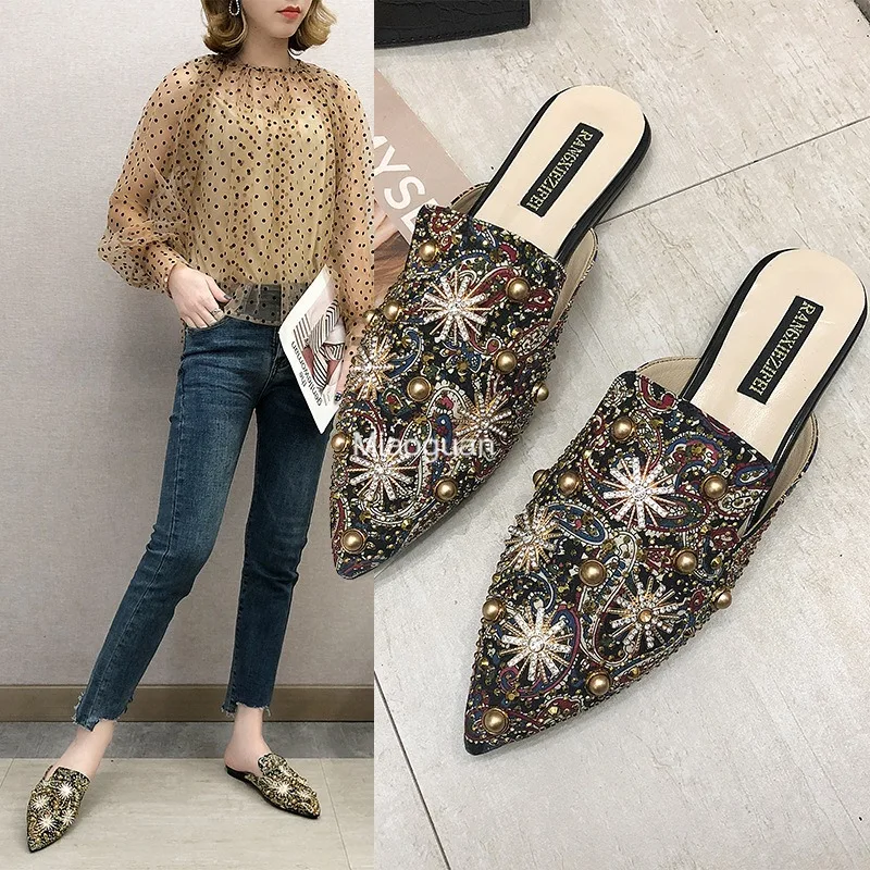 New Brand Design Gold Chain Women Slipper Closed Toe Slip on Mules Shoes Round Toe Spring Zapatillas Mujer Flip Flop Large Size