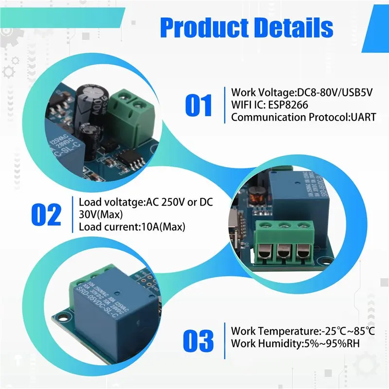AA08-WIFI Relay Controller Module, DC 5V 8V-80V Wireless Controller Module ESP-12F For IOT Smart Home APP